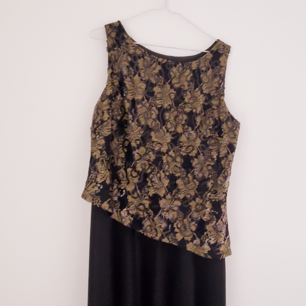 Nuit Vintage 90s Long Cocktail Dress Asymmetrical Gold Lace Sleeveless Top 1pc